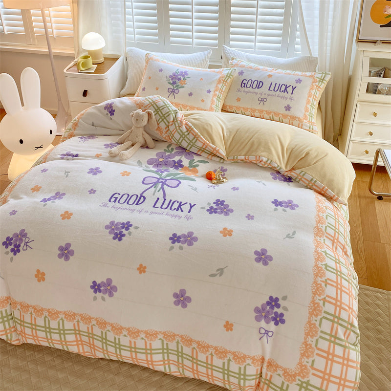 Cute Cartoon Milk Velvet Bedding Set Of Four Bedding - GuGuTon