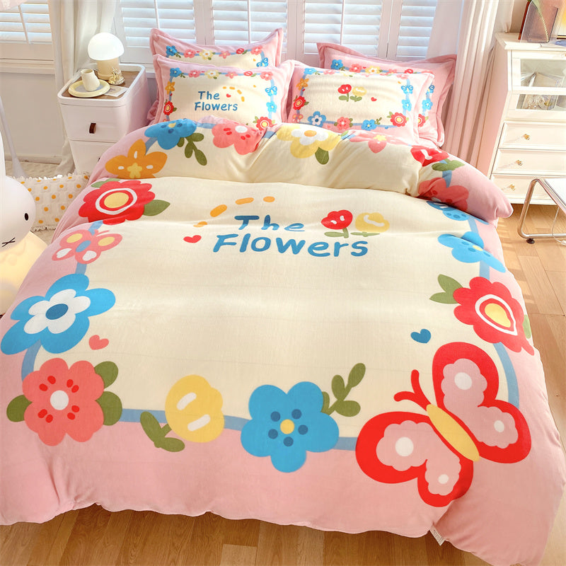 Cute Cartoon Milk Velvet Bedding Set Of Four Bedding - GuGuTon