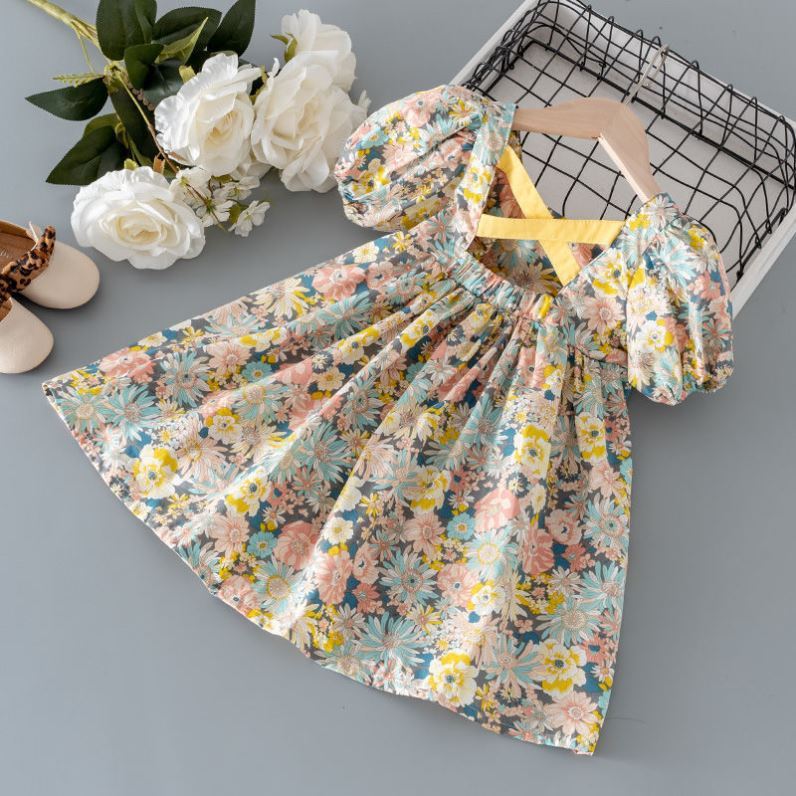Vanesa Comfortable bubble sleeve floral girl dress