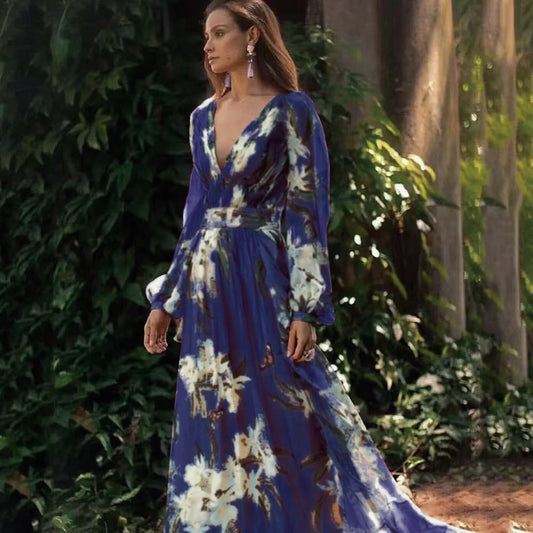 Ginger Style V-Neck Long Sleeve Four-Way Stretch Flared Dress