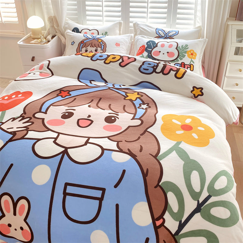 Cute Cartoon Milk Velvet Bedding Set Of Four Bedding - GuGuTon