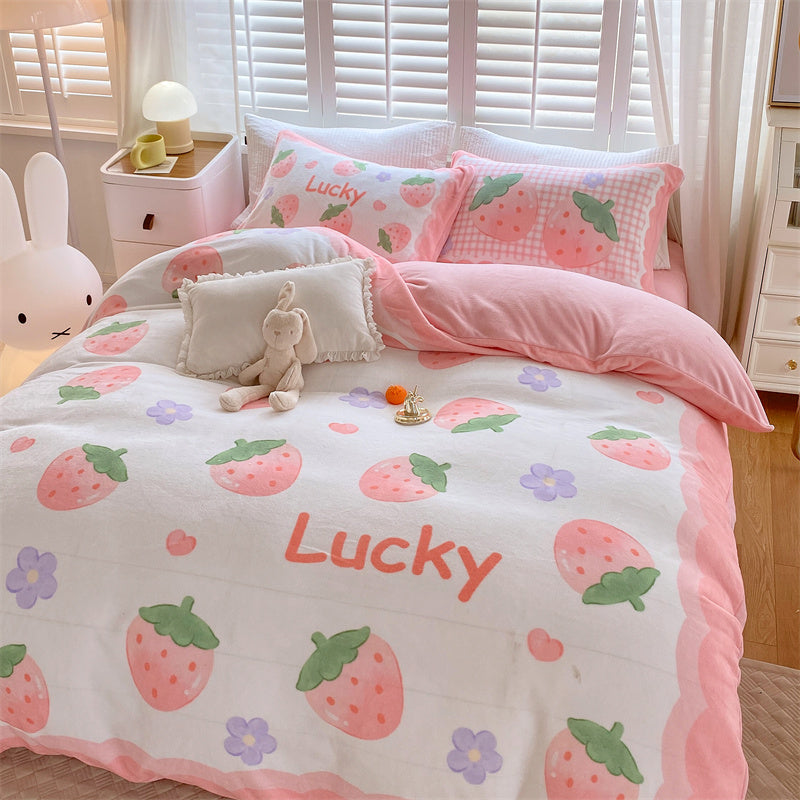 Cute Cartoon Milk Velvet Bedding Set Of Four Bedding - GuGuTon