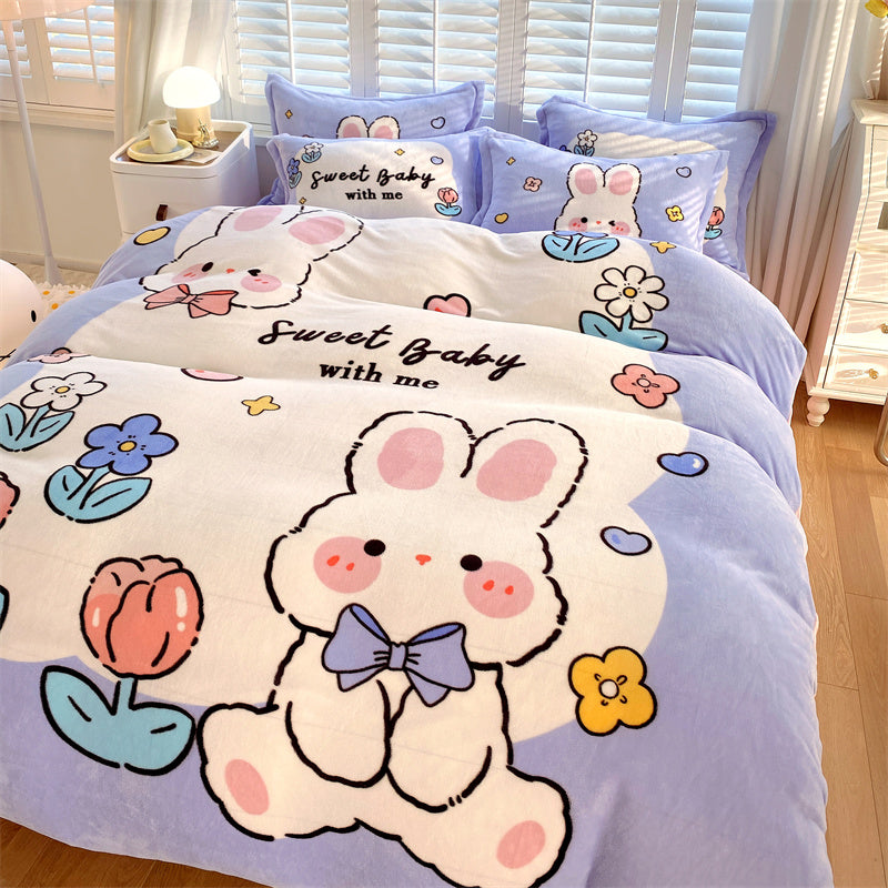 Cute Cartoon Milk Velvet Bedding Set Of Four Bedding - GuGuTon
