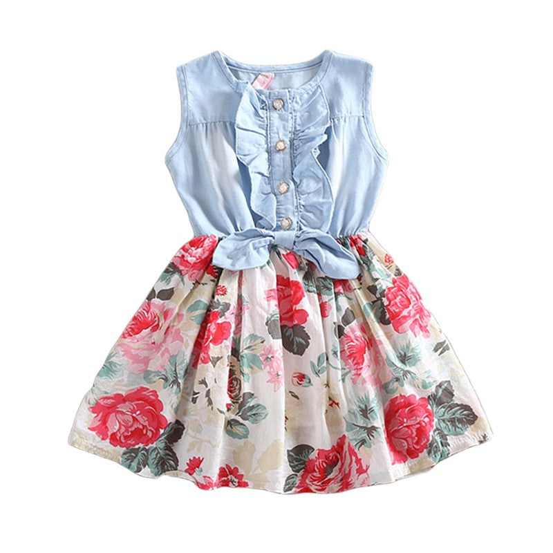 Marcela Summer Children Sleeveless Girl Denim Floral Dresses