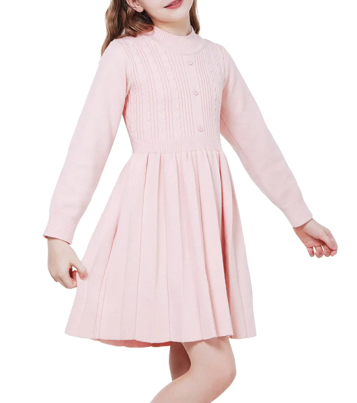Sleeve Button Pleated Casual Fall Winter Knit Dresses-5-6Y-Light Pink