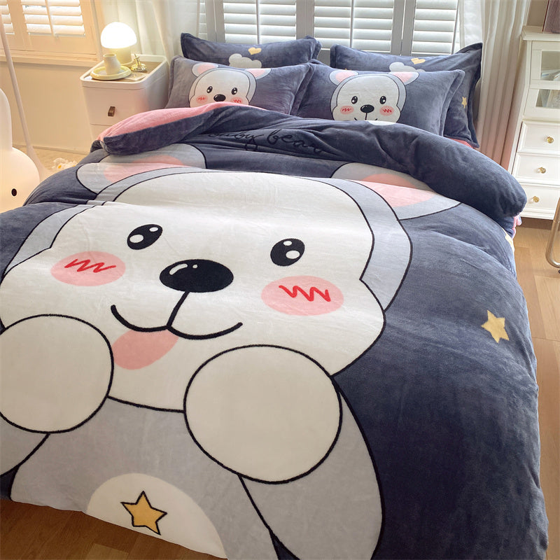 Cute Cartoon Milk Velvet Bedding Set Of Four Bedding - GuGuTon