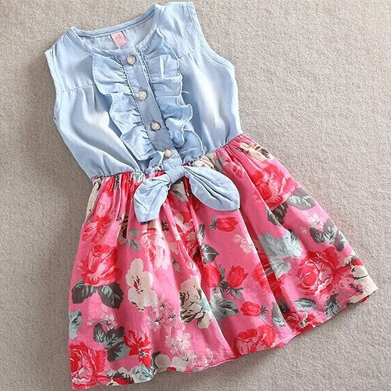 Marcela Summer Children Sleeveless Girl Denim Floral Dresses