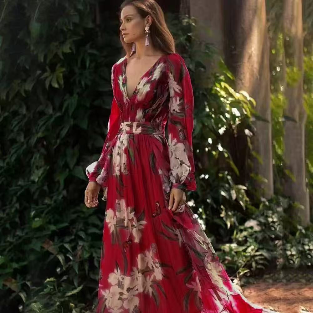 Ginger Style V-Neck Long Sleeve Four-Way Stretch Flared Dress