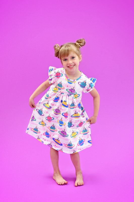 Denise Unicorn Planets Milk Silk Flutter Dress