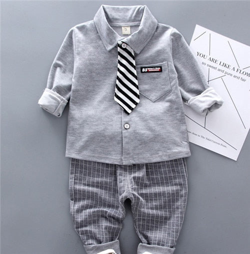 Landon Boy's 2-piece long-sleeved shirt with tie and pants - GuGuTon