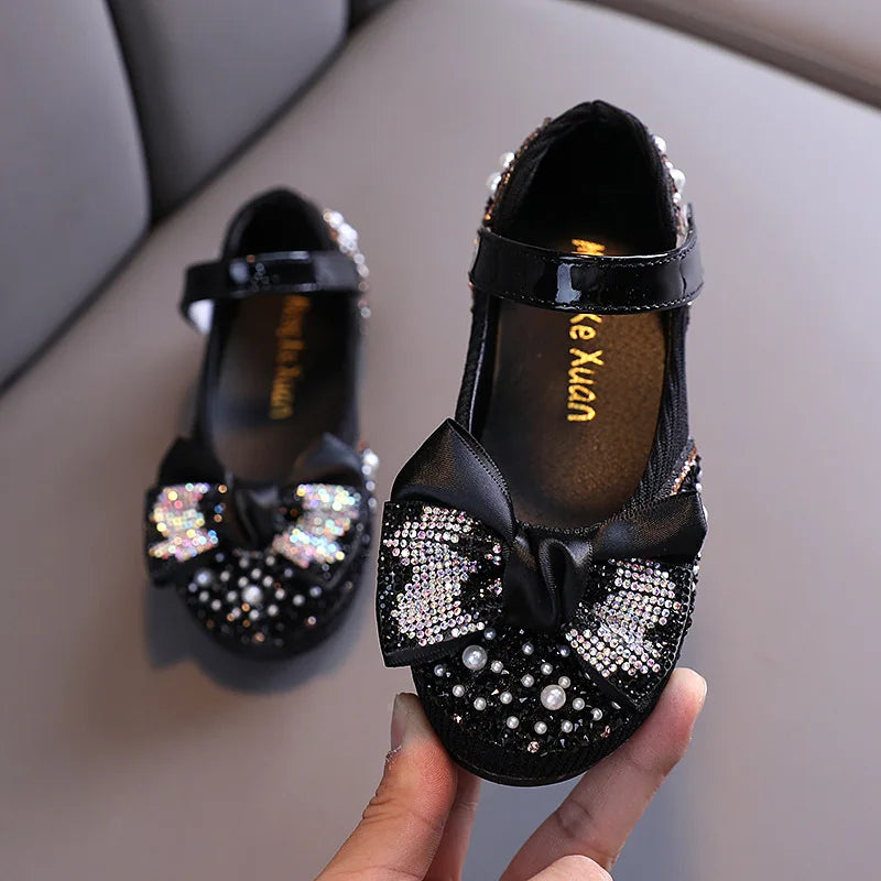 New Children Leather Shoes Rhinestone Bow Princess Girls
