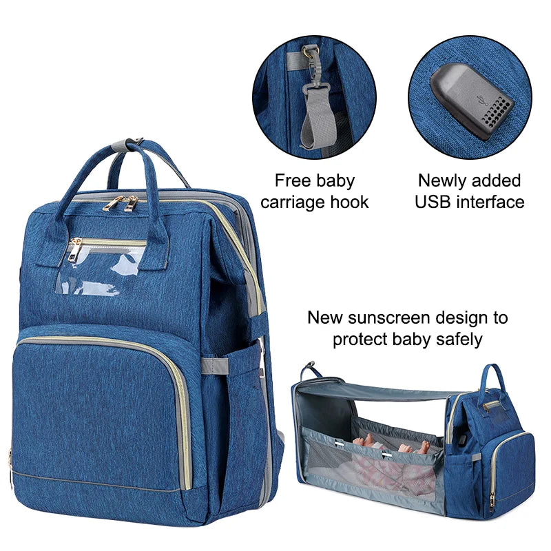 USB Diaper Bags Backpack Foldable Sunscreen Baby Bed Crib Bag