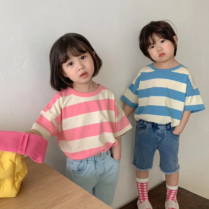 Madison Children korean style summer striped sleeve Tees boys and girls