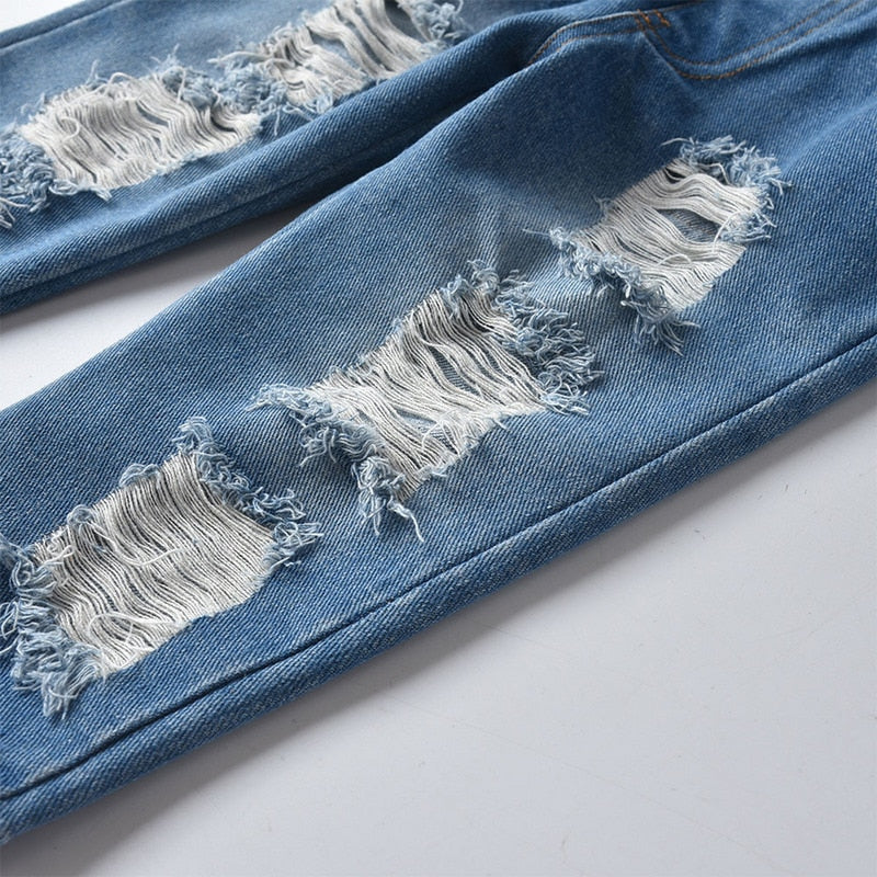 Lopez Casual Ripped Loose Hole Denim Trousers for Spring Autumn