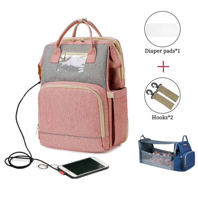 USB Diaper Bags Backpack Foldable Sunscreen Baby Bed Crib Bag