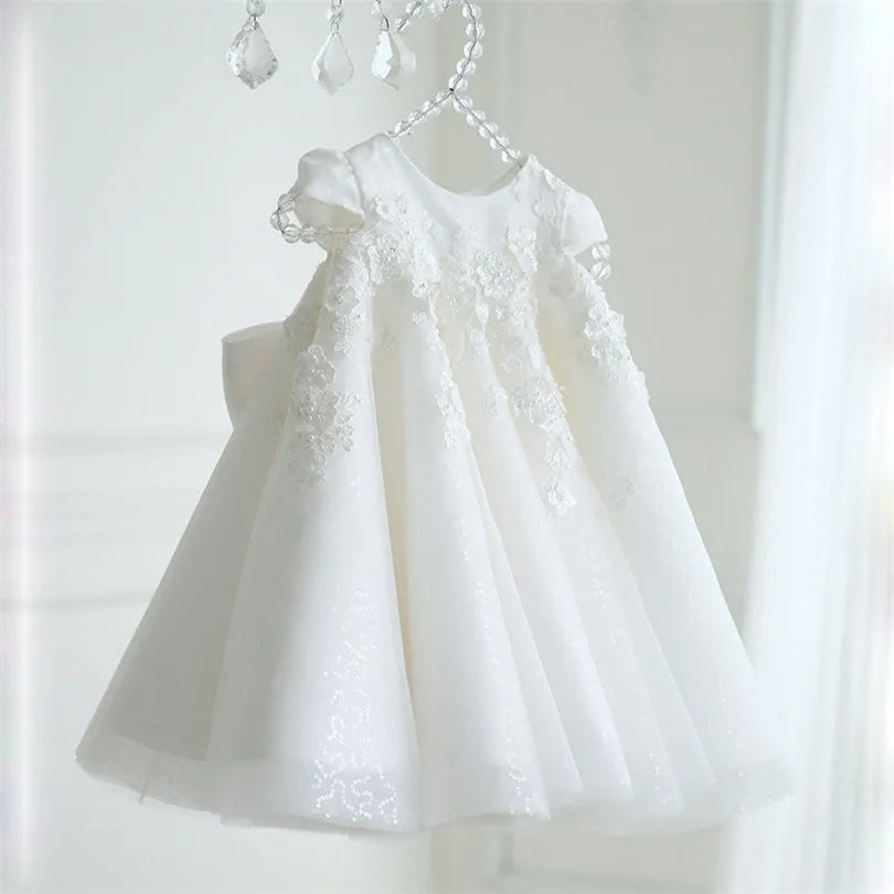 1st Birthday Baby Girl Dress White Lace Princess Wedding Party Dresses For Girl Tulle Flower Baby Baptism Christening Ball Gowns
