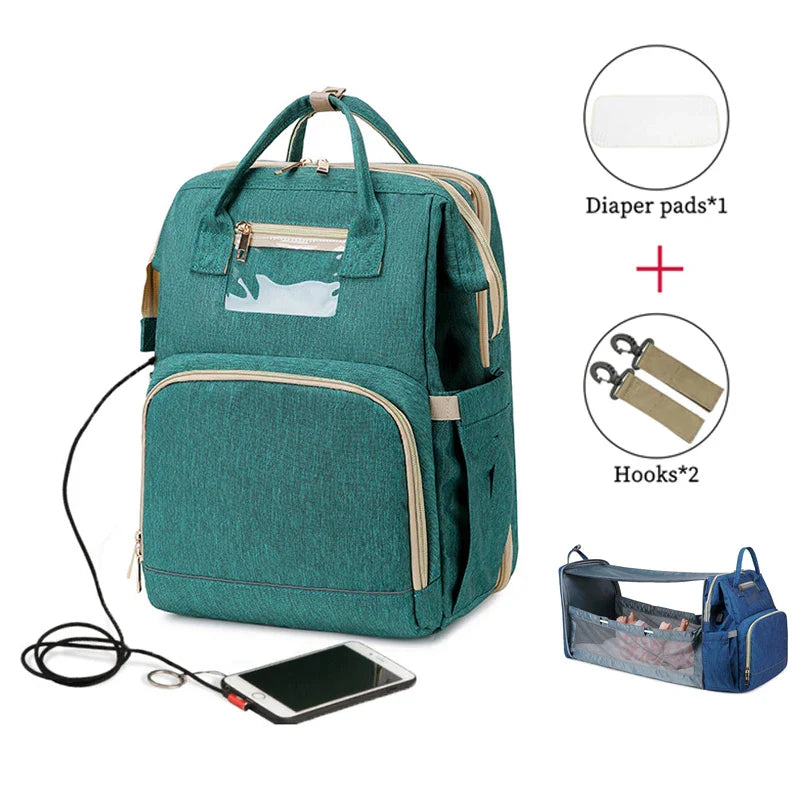 USB Diaper Bags Backpack Foldable Sunscreen Baby Bed Crib Bag