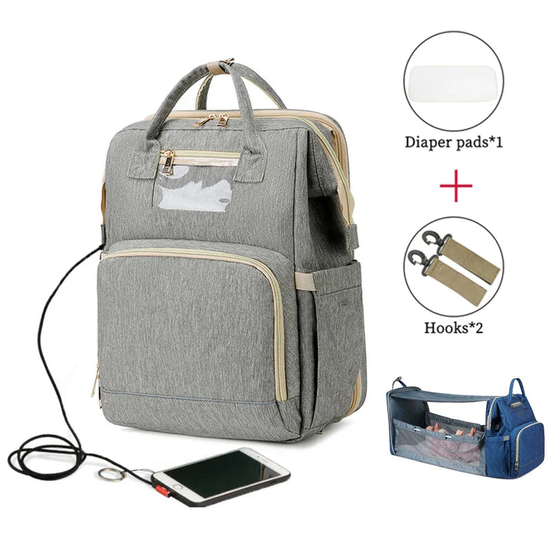 USB Diaper Bags Backpack Foldable Sunscreen Baby Bed Crib Bag