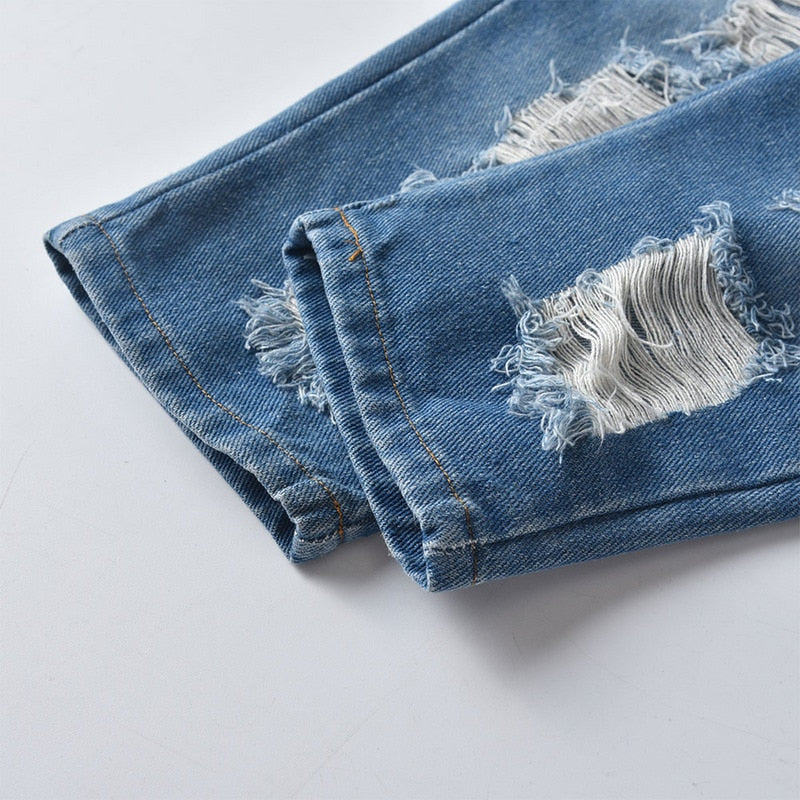 Lopez Casual Ripped Loose Hole Denim Trousers for Spring Autumn