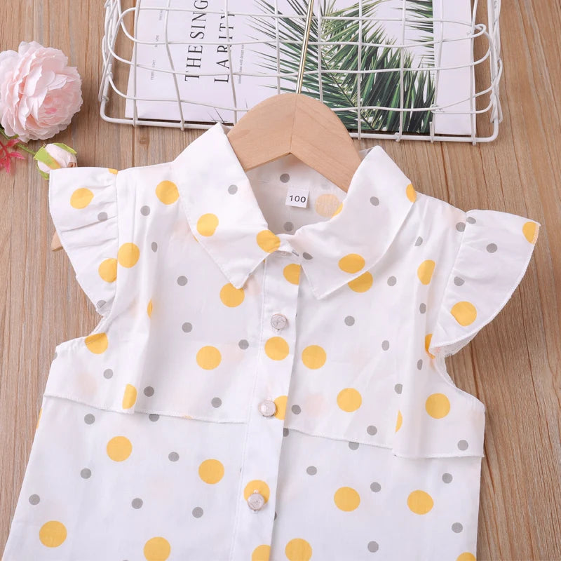 India Summer Flying-Sleeve Ploka Dot Printed Lapel Collar Causal
