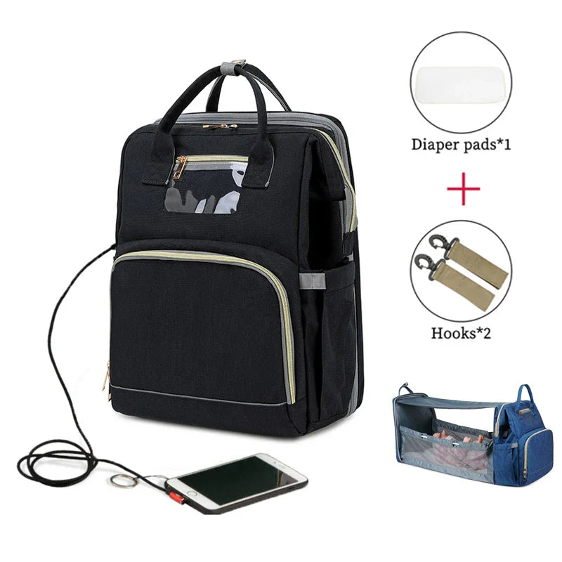USB Diaper Bags Backpack Foldable Sunscreen Baby Bed Crib Bag