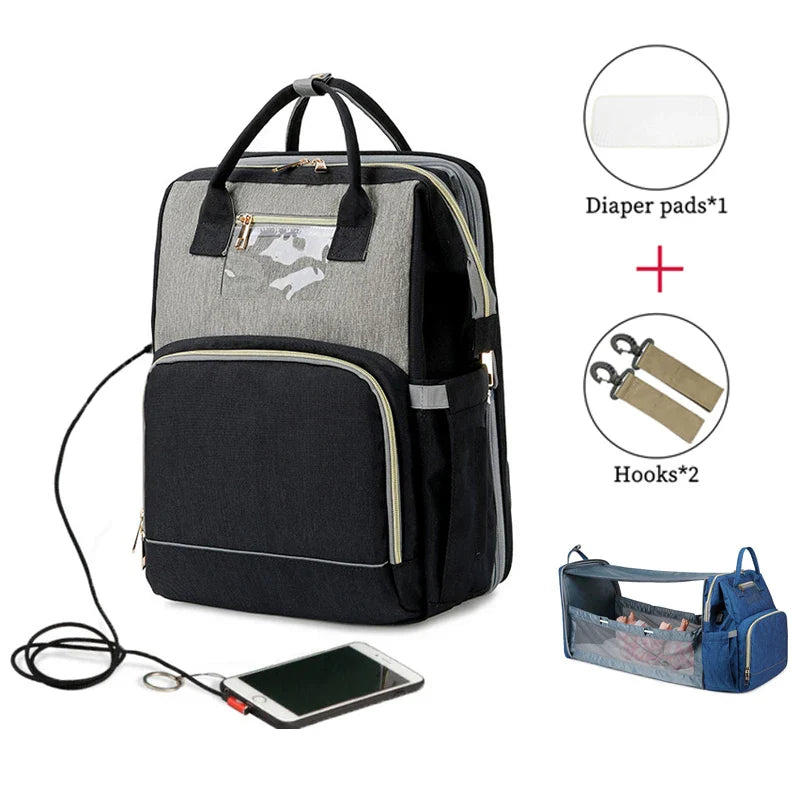USB Diaper Bags Backpack Foldable Sunscreen Baby Bed Crib Bag