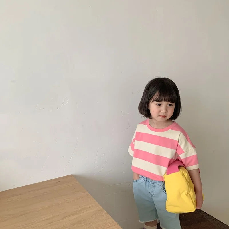 Madison Children korean style summer striped sleeve Tees boys and girls