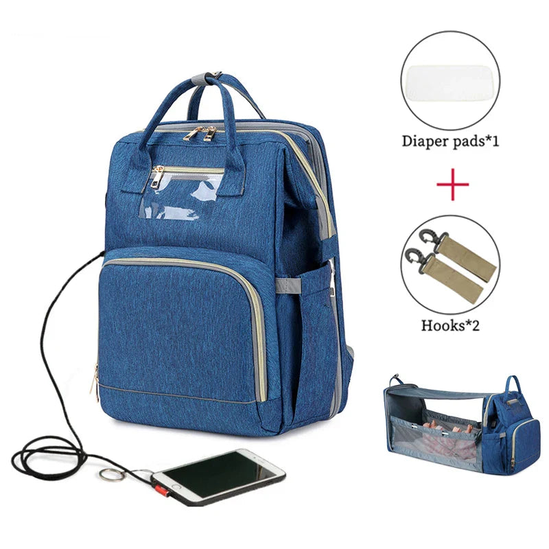 USB Diaper Bags Backpack Foldable Sunscreen Baby Bed Crib Bag