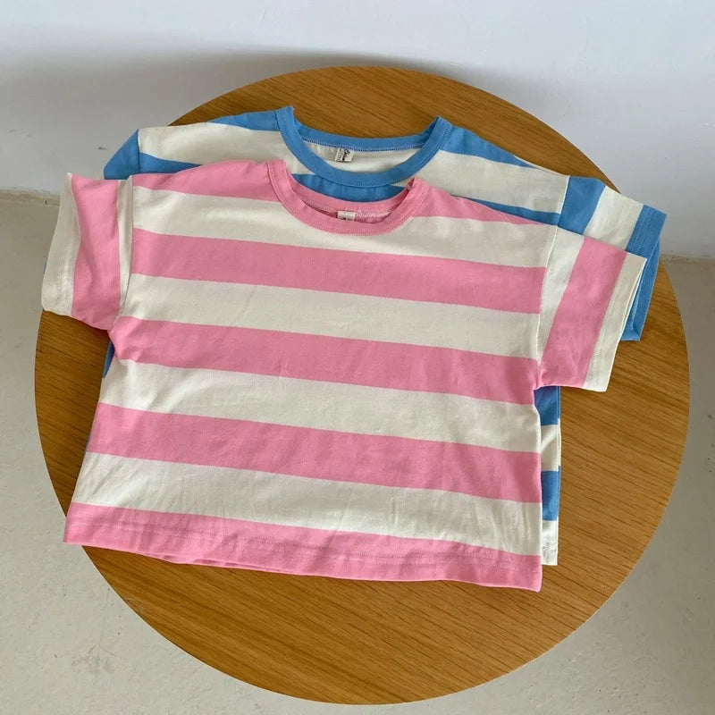 Madison Children korean style summer striped sleeve Tees boys and girls