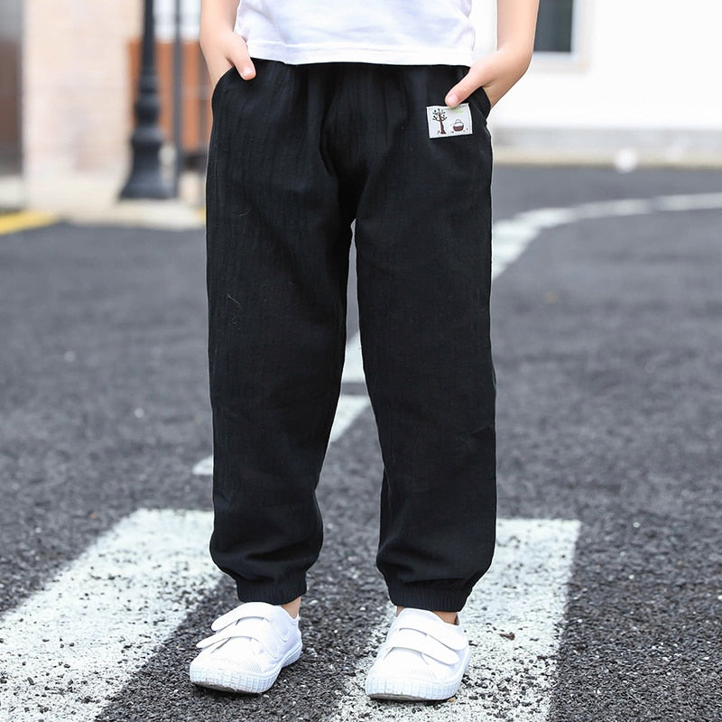 Solid Color Children Trousers Cotton Linen Elastic Waist Kids Clothing