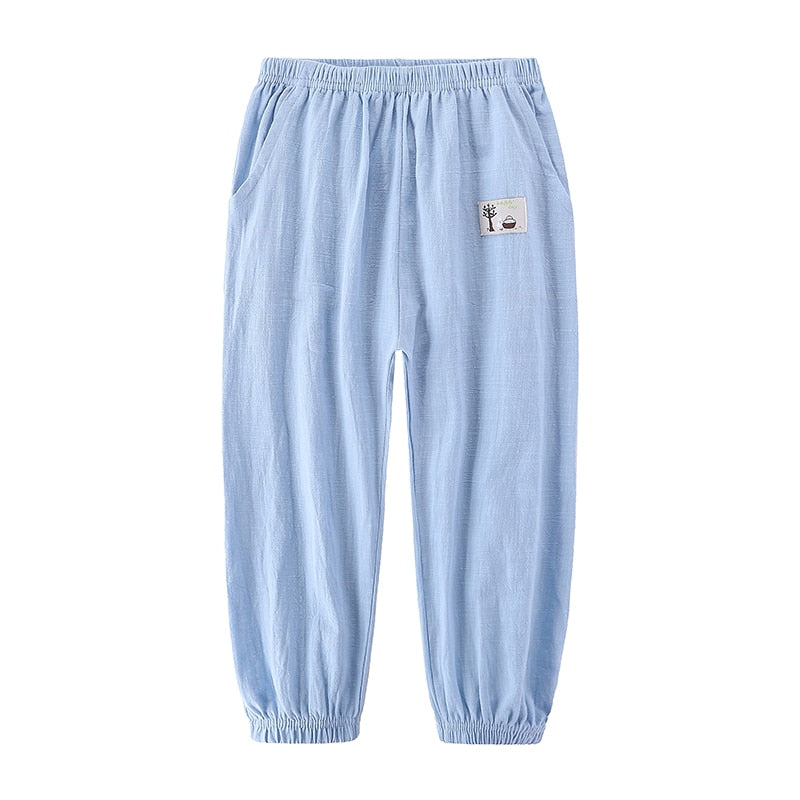 Solid Color Children Trousers Cotton Linen Elastic Waist Kids Clothing