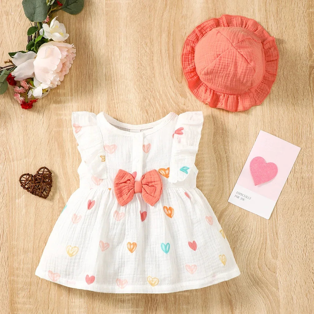 Newborn Baby Girl Sweet Cotton Dress Sleeveless Love Pattern Dress+Hat