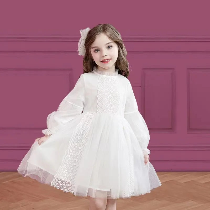 Spring Autumn Kids Girls Dresses Lantern Sleeve Lace Princess Dress