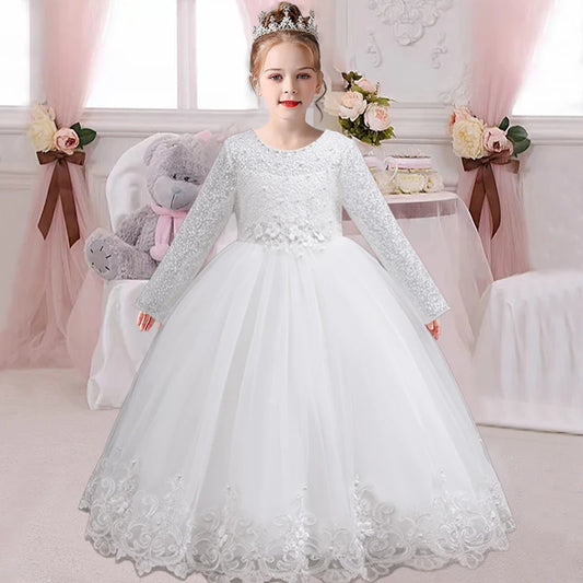 Children's Embroidered Party Evening Dress 3-12 Years Old Lace Long Sleeve White Wedding Dress
