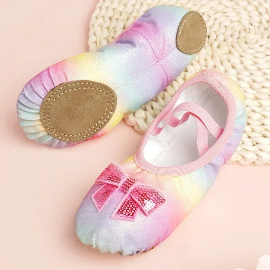 Children's Dance Shoes Girls Ballet Flats Shoes Rainbow Bow Sequins Leather Soft Soled