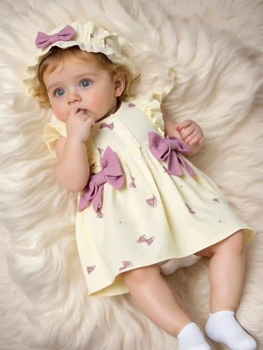 Elara Cotton Newborn Baby Girl Dresses 0-9 Months - Infant bow +Hat Set