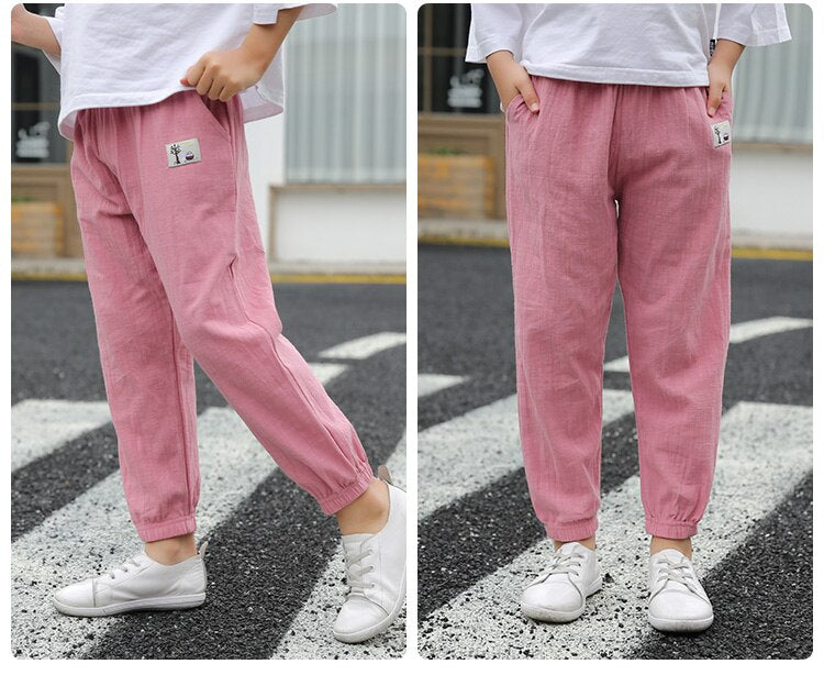 Solid Color Children Trousers Cotton Linen Elastic Waist Kids Clothing