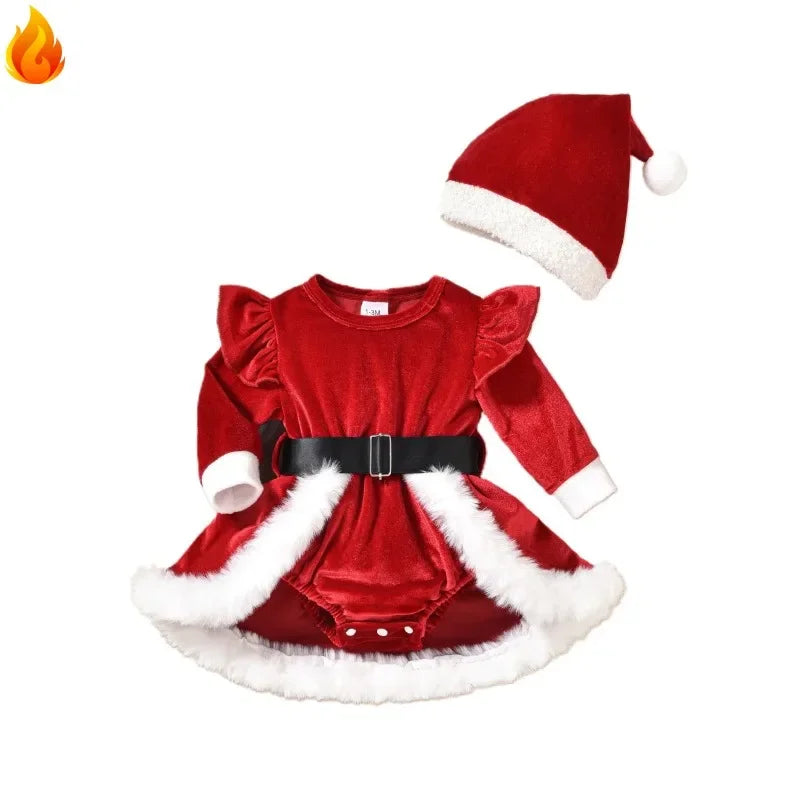 Baby Girl's Christmas Velvet Dress with PP shorts & Hat Set ,Pom pom Trim baby girl Dress