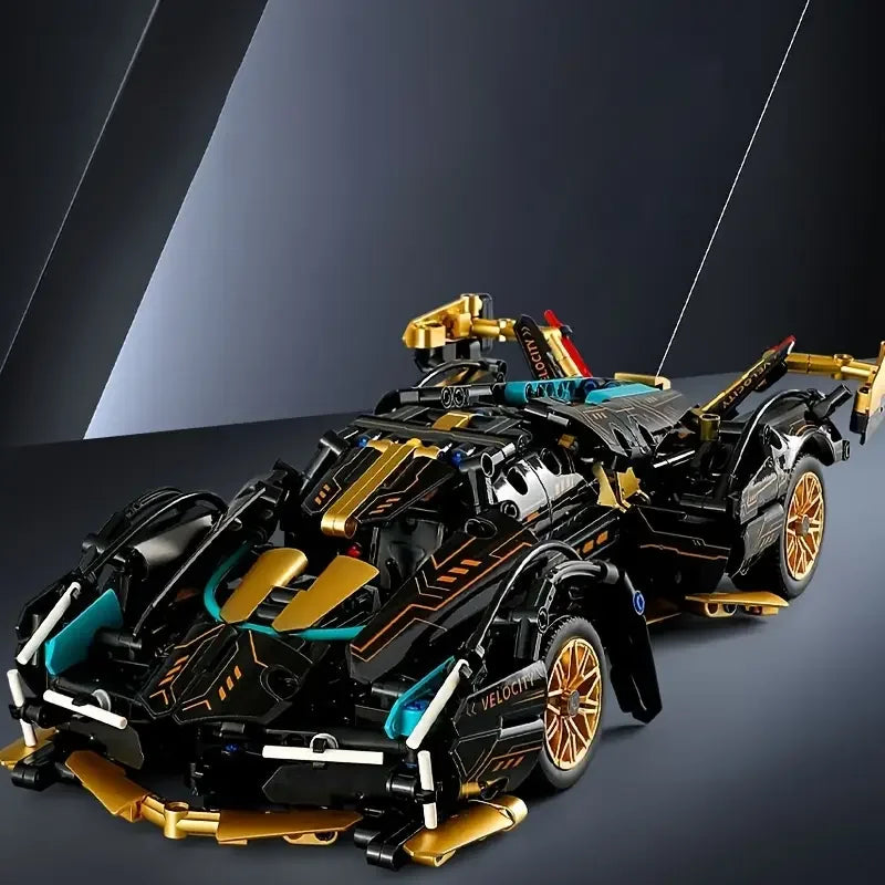 1690 Super Building Block Racing Car, V12 Building Block Car, Black and Gold Accessories, Fine Desktop Wooden Model Car, Birthday Gift
