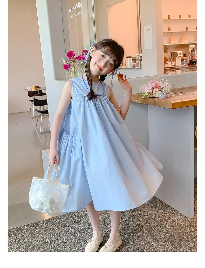 Ana Summer Junior Girl Sleeveless Dress Solid Side Cotton Dress