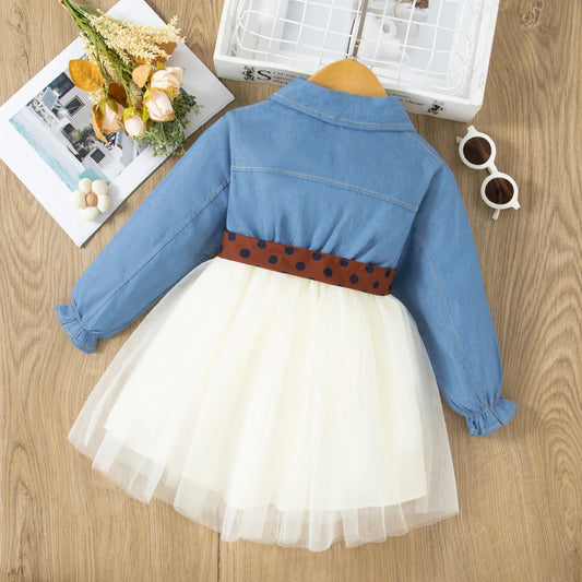 Spring Long Sleeved Dress Girl Denim Blue Dress Fake Two Pieces Tutu Dress