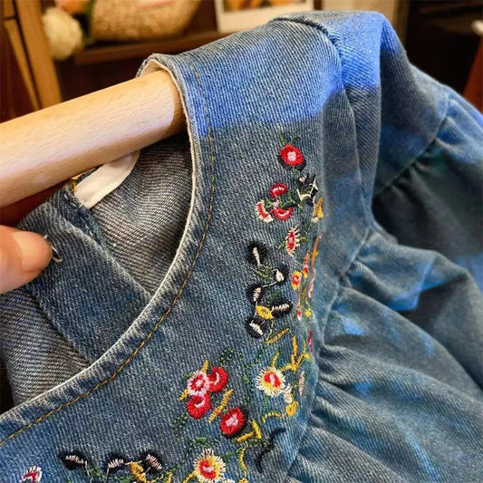Humor Bear Kids Clothing Autumn Round Neck Floral Embroidered Dress