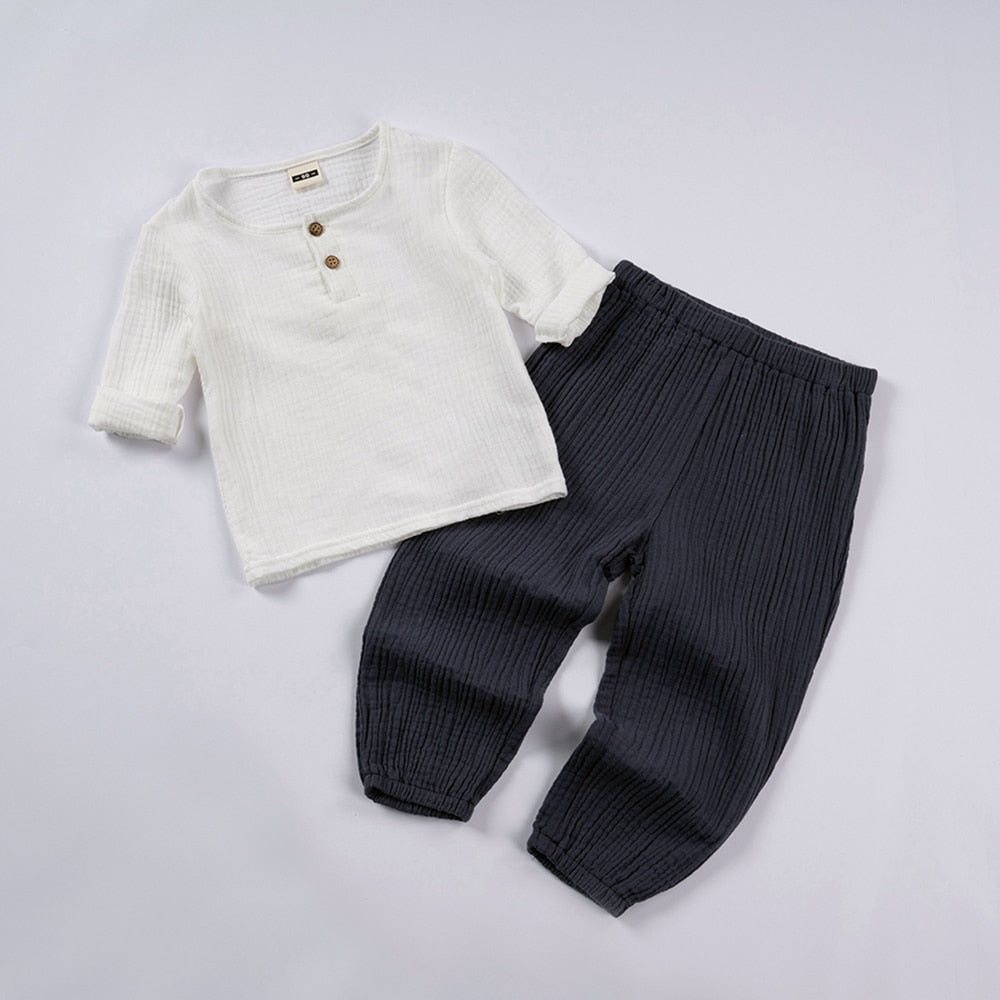 Organic Outfits Cotton Solid Long Sleeve Loose Children Two Piece Set - GuGuTon