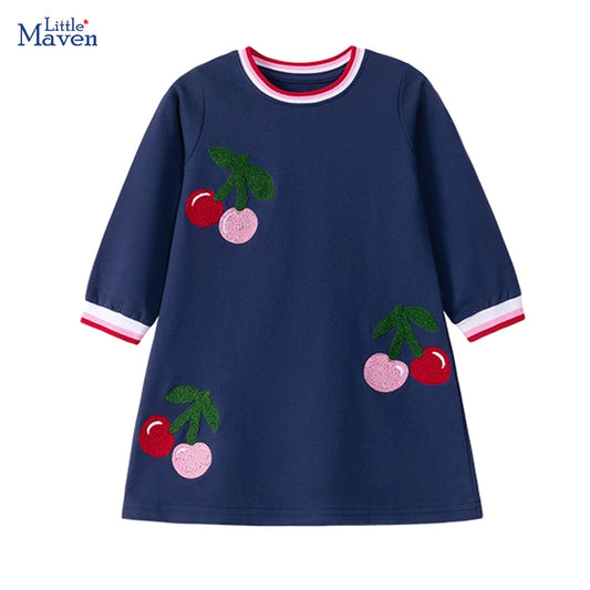 Little maven Spring Autumn Cute Cherry Towel Embroidery Baby Girls Dresses