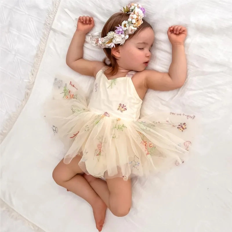 Luna Baby Girl Princess Flower Sling Romper Embroidery