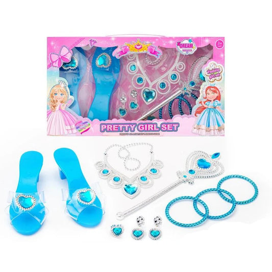 Girls Jewelry Toys Set Crystal Shoes Necklace Crown Earrings Bracelet Play Makeup Dress Up Princess Toys for Kids Role Play