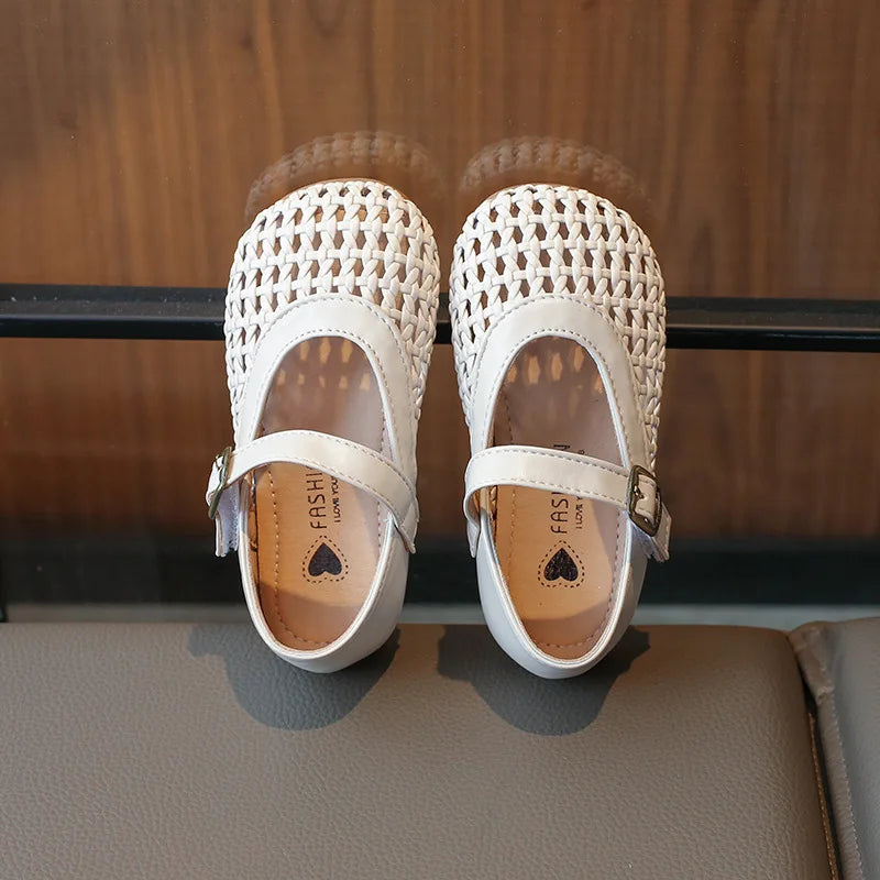 Kids Summer Breathable Woven Flats Shoes Hollow Out Princess Shoes