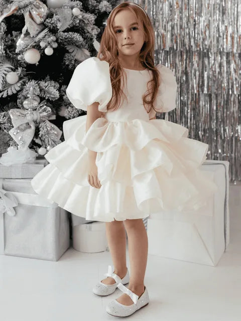 Girls Creamy-white Bow Short Sleeve Wedding Birthday Party Dress