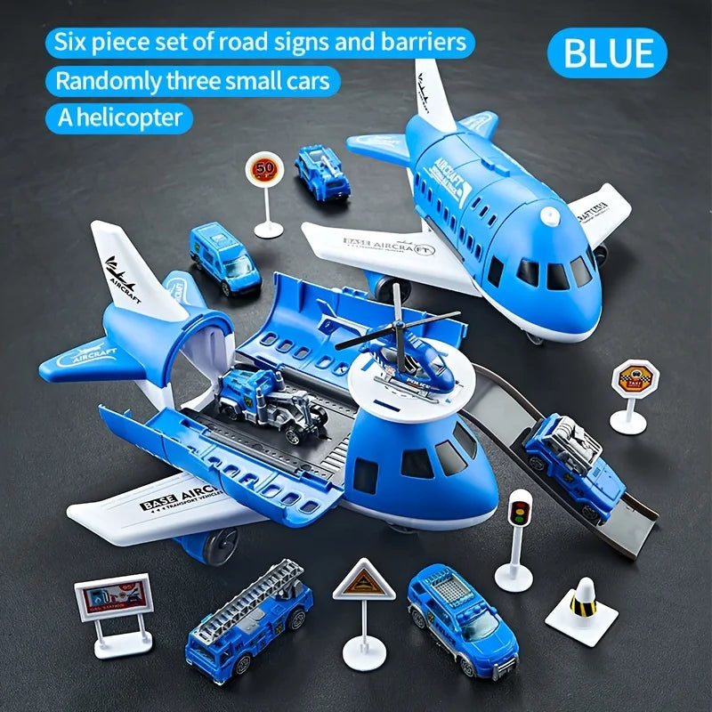 Children's Airplane Car Toy, Model Equipped with 6 Road Signs Random 3 Cars 1 Helicopter