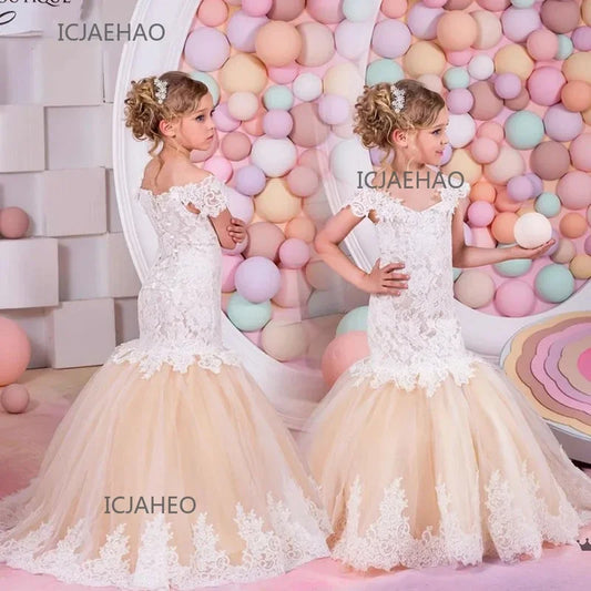 Baby Flower Girl Dress Kids Lace Long EveningGown Bridesmade Prom Mermaid Frocks